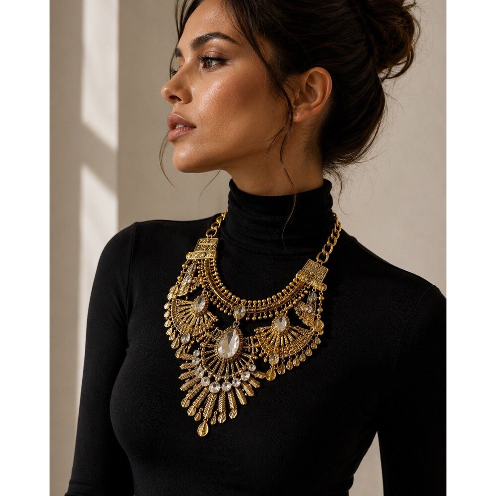 Maximalist Gold Tone Statement Necklace Rhinestone Crystal Layered Bib Boho Glam